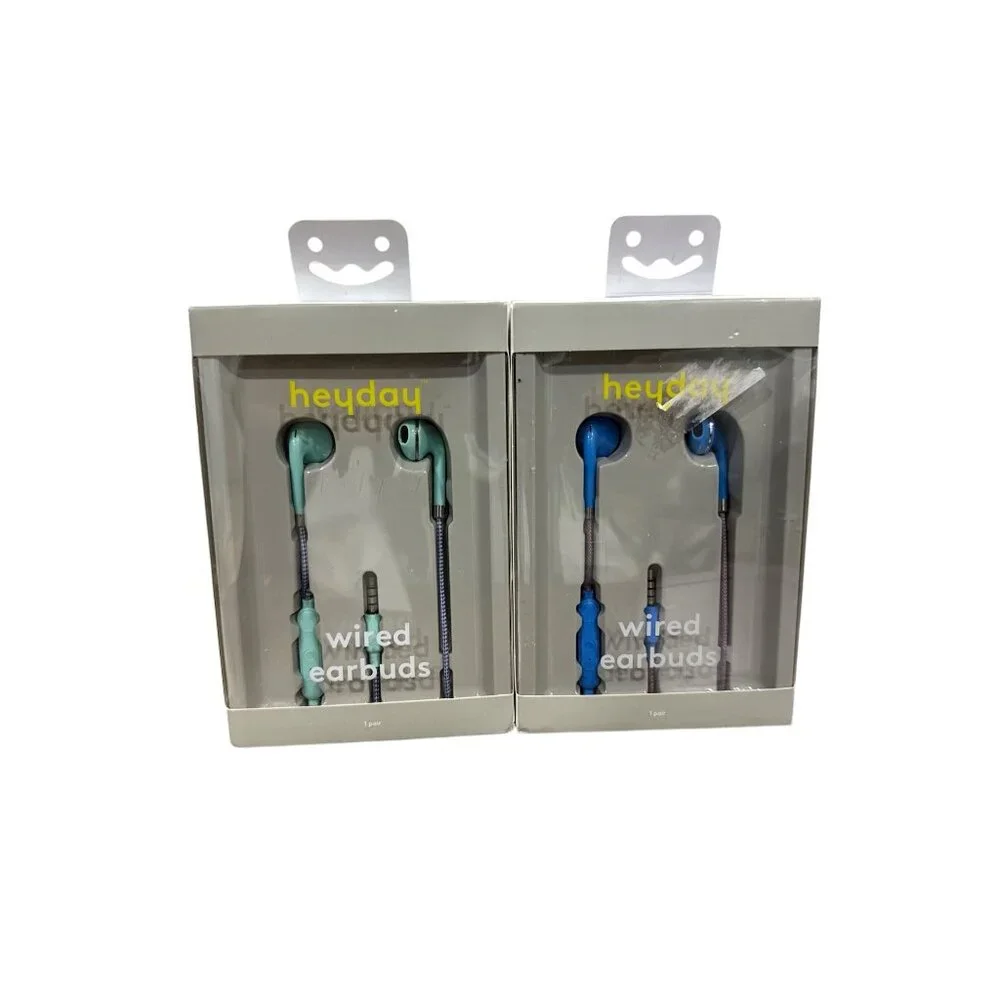 HEYDAY Wired Earbuds Mic & Remote, 3.5mm Plug, Comfort Fit Bright Blue & Spring